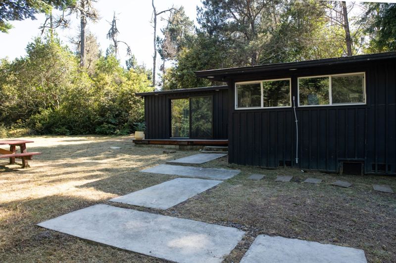 Black cabin exterior set in a wooded yard